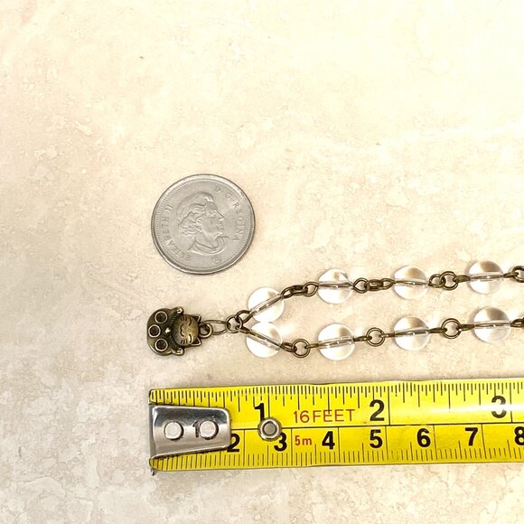 Genuine Clear Quartz Short Necklace, Cute Bronze Fortune Cat + Natural Gemstone - Picture 14 of 16